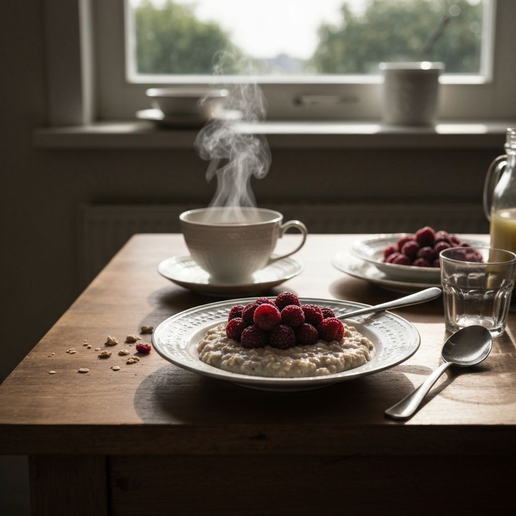 Cozy breakfast table with oatmeal and tea in morning light