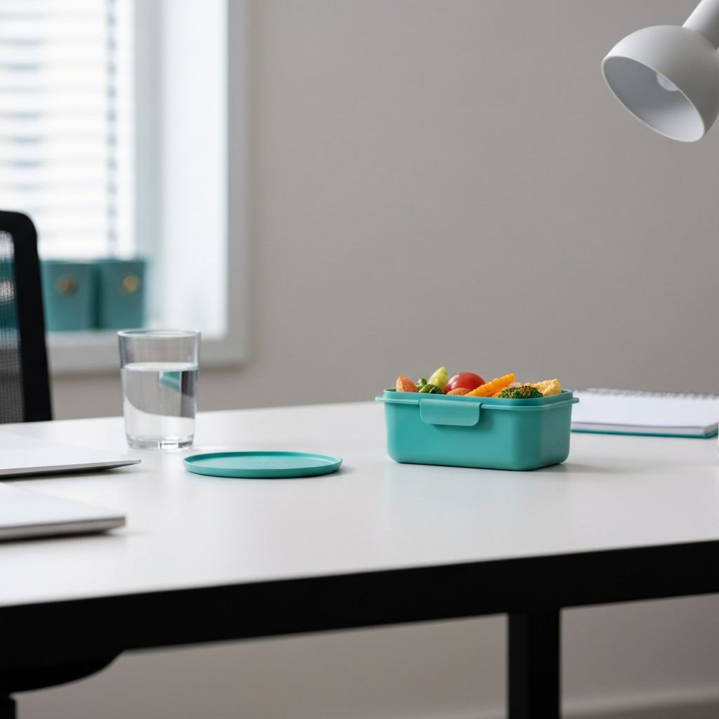Modern office desk with healthy lunch container